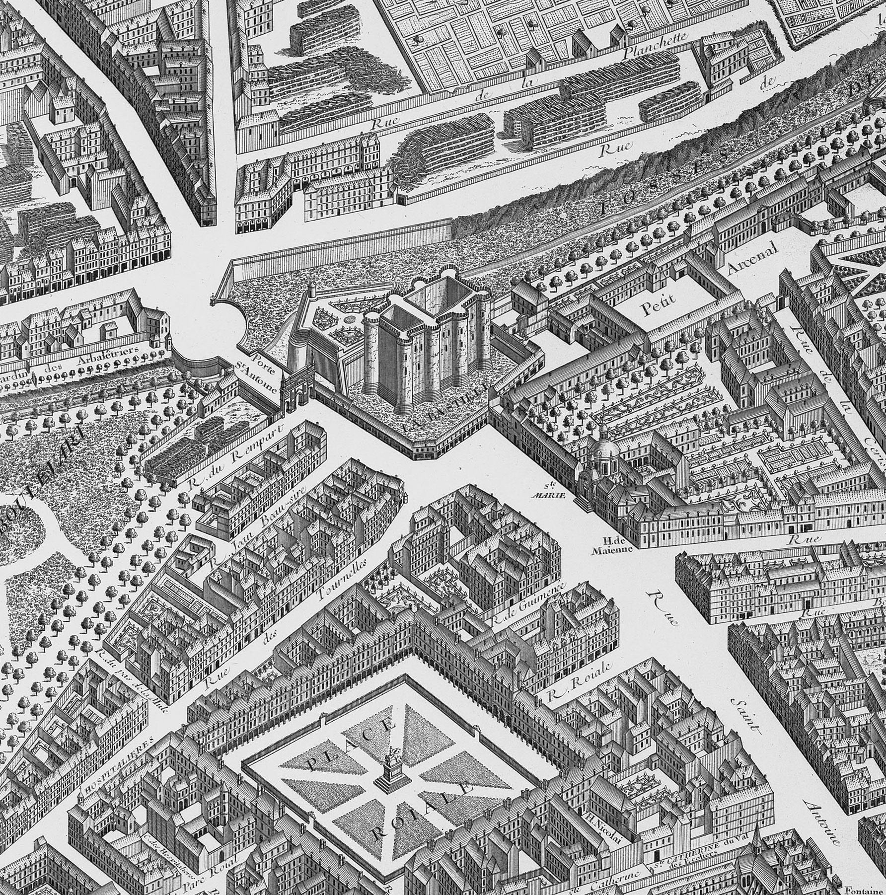 Ворота Сент-Антуан. Рядом видны башни Бастилии. Изображение на плане Парижа авторства Тюрго, 1739 год