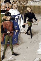 Фрагмент миниатюры из «Больших французских хроник» кисти Робине Тестара, XV век. На переднем плане — человек, на котором цельные шоссы; у идущего слева от короля, чёрные шоссы c «бульварами»