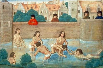 Young men learn to swim, Antiquities of the Jews (BNF Fr. 14, fol. 21), 1480.jpg