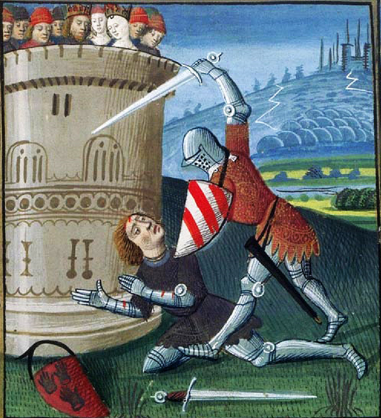 Файл:Lancelot tranche la tête de Méléagant lors du second duel Atelier d'Evrard d'Espinques. Centre de la France (Ahun), vers 1475 1..png