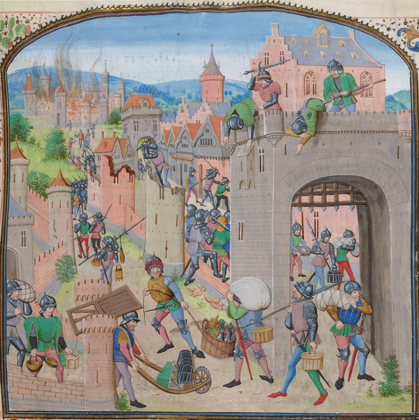 Файл:BNF, FR 2644) Jean Froissart, Chronicles, fol. 135 15th Century he men of Ghent capture and pillage Grammont.png