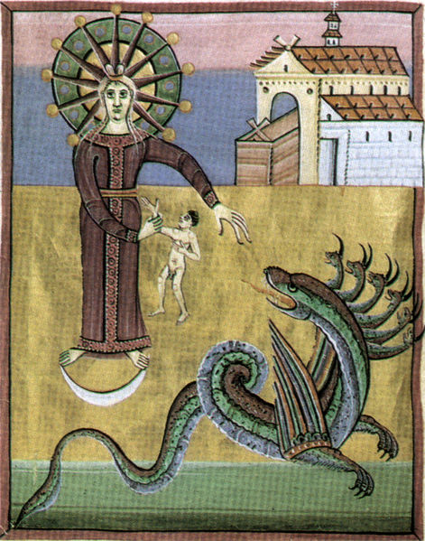 Файл:Apocalisse di enrico II, il drago minaccia la donna, 1000-1020, bamberga, staatsbibliothek, ms. 140 f29 v. 20,4x29,5 cm.jpg