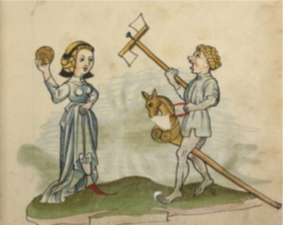 Children playing with a ball, a hobby horse and a scopperel (c. 1484-1486) ÖNB 12820, fol. 182r.png