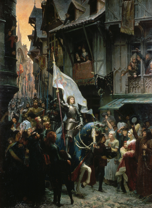 Jeanne d'Arc, victorieuse des anglais, rentre à Orléans et est acclamée par la population - Jean Jacques Scherrer 1887.png
