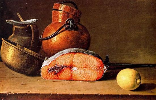 Bodegón con trozo de salmón, un limón y tres vasijas Luis Egidio Meléndez.jpg