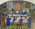 Richard II dines with dukes - Chronique d' Angleterre (Volume III) (late 15th C), f.265v - BL Royal MS 14 E IV1.png