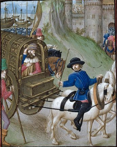 Caesar in a carriage, Bellum Gallicum (British Library Royal 16 G VIII), 1473-1476.png